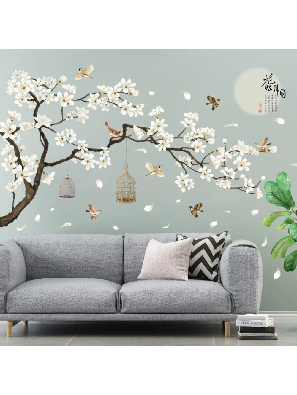 Removable White Peach Blossom Wall Decals - DIY Tree Branches & Birds Art for